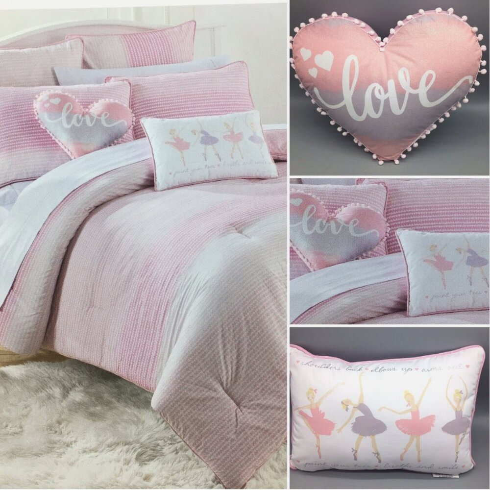 5pc Nicole Miller Ballerina FULL QUEEN Set Comforter Pillows Dance Hearts Pink